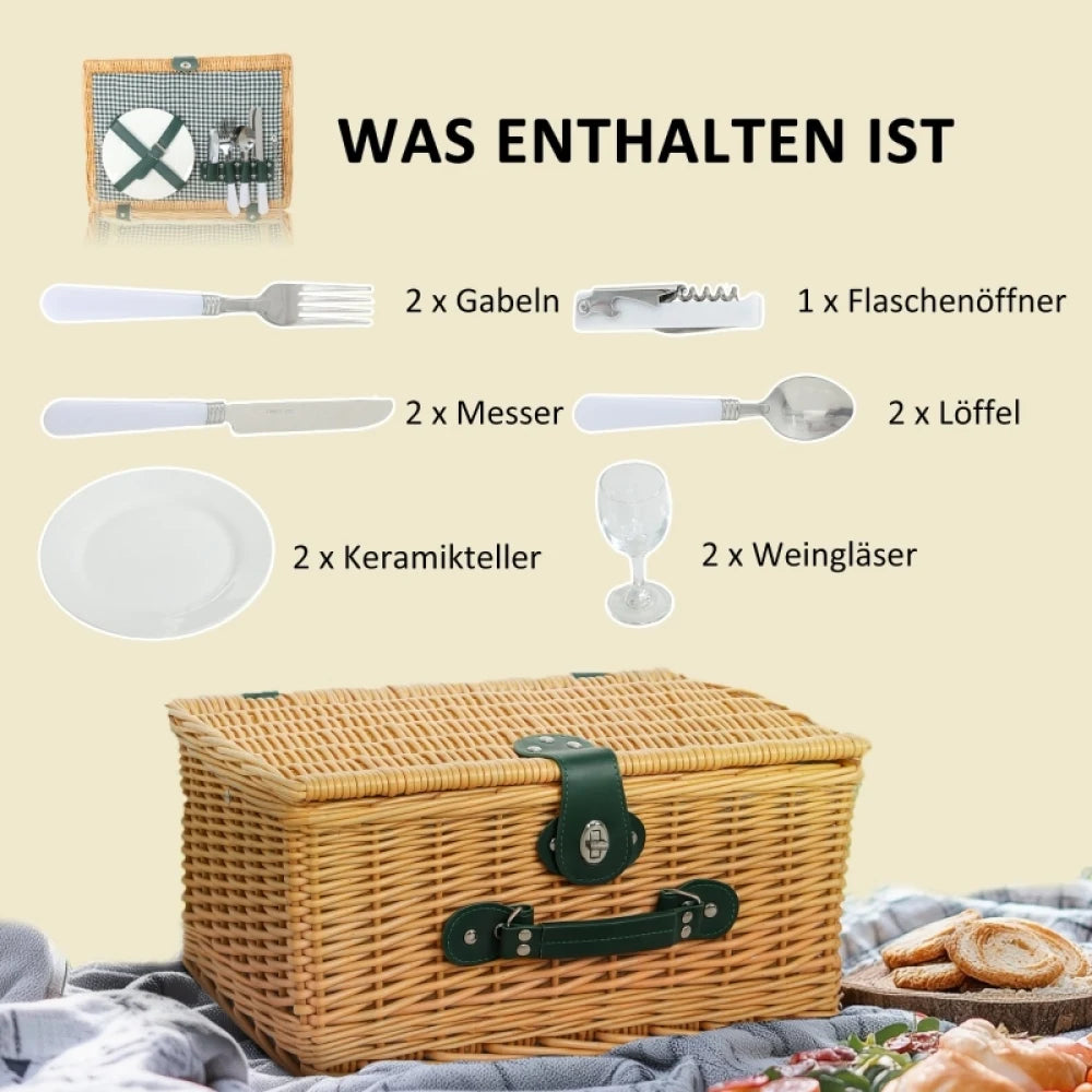 Vävd picknickkorg med tillbehör